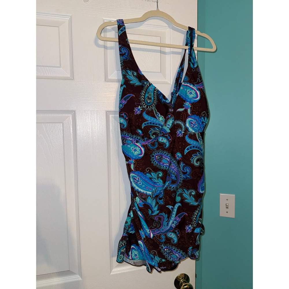 Ocean Dream Signature Women Plus Size 22W Paisley Swim Dress OnePiece Blue Brown